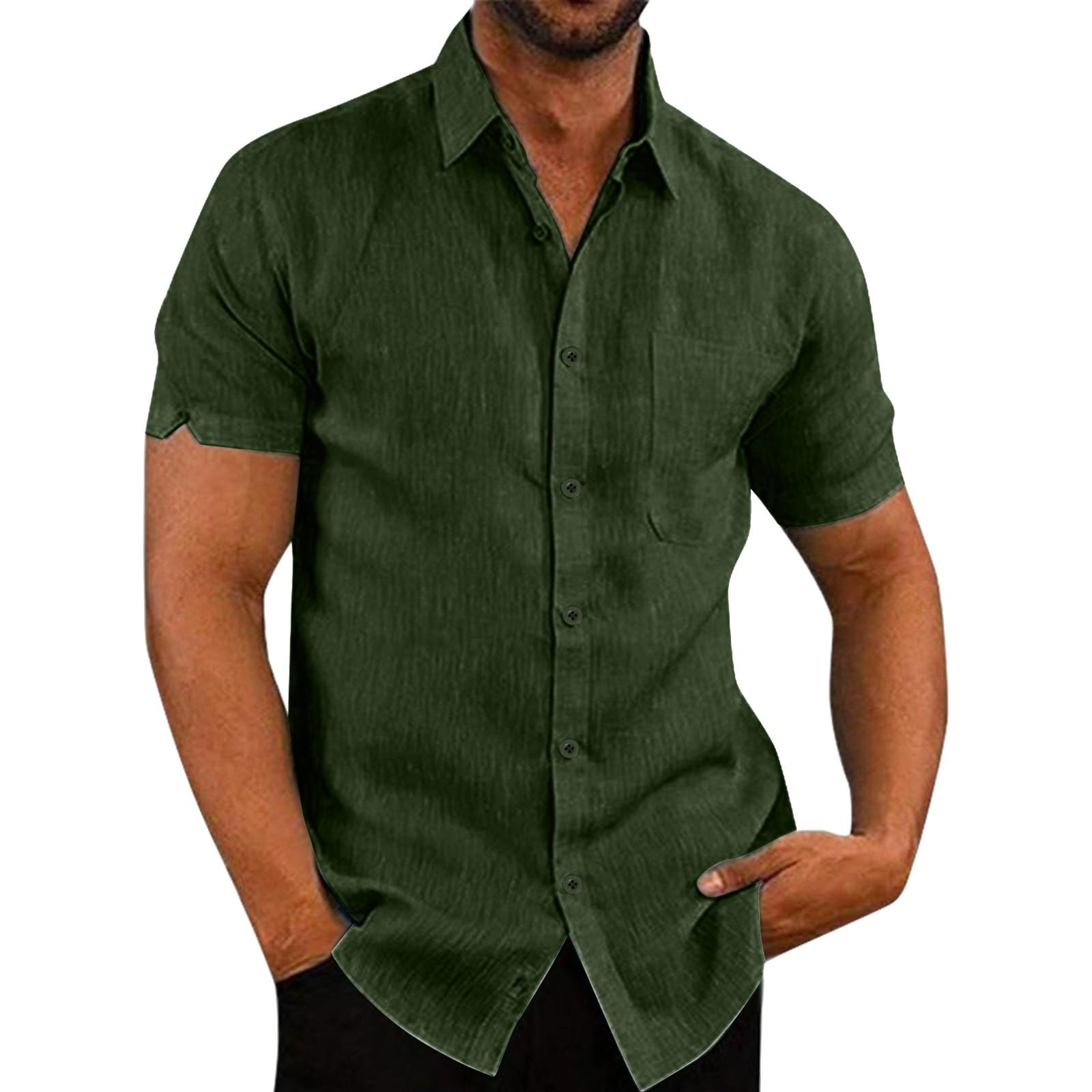 

Мужская весенне-летняя повседневная однотонная хлопковая свободная мужская рубашка с лацканами и короткими рукавами, мужские топы M зелёный
