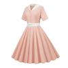 Dámské šaty, výstřih, klopa, jednořadý, s páskem, linie A, velký švih, úzký, vysoký pas, jednobarevné retro, krátký rukáv, princeznovské šaty ve stylu lady midi