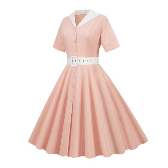 Dámské šaty, výstřih, klopa, jednořadý, s páskem, linie A, velký švih, úzký, vysoký pas, jednobarevné retro, krátký rukáv, princeznovské šaty ve stylu lady midi