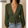 Women's Fashion Casual Spring Autumn Solid Color Print Long Sleeve V-Neck Blouses & Shirts
