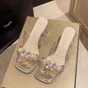 Thick Medium Heel Open Toe Word with Pearl Rhinestone Cool Slippers Women's Wear 2025 Summer Transparent High Heels Sandals