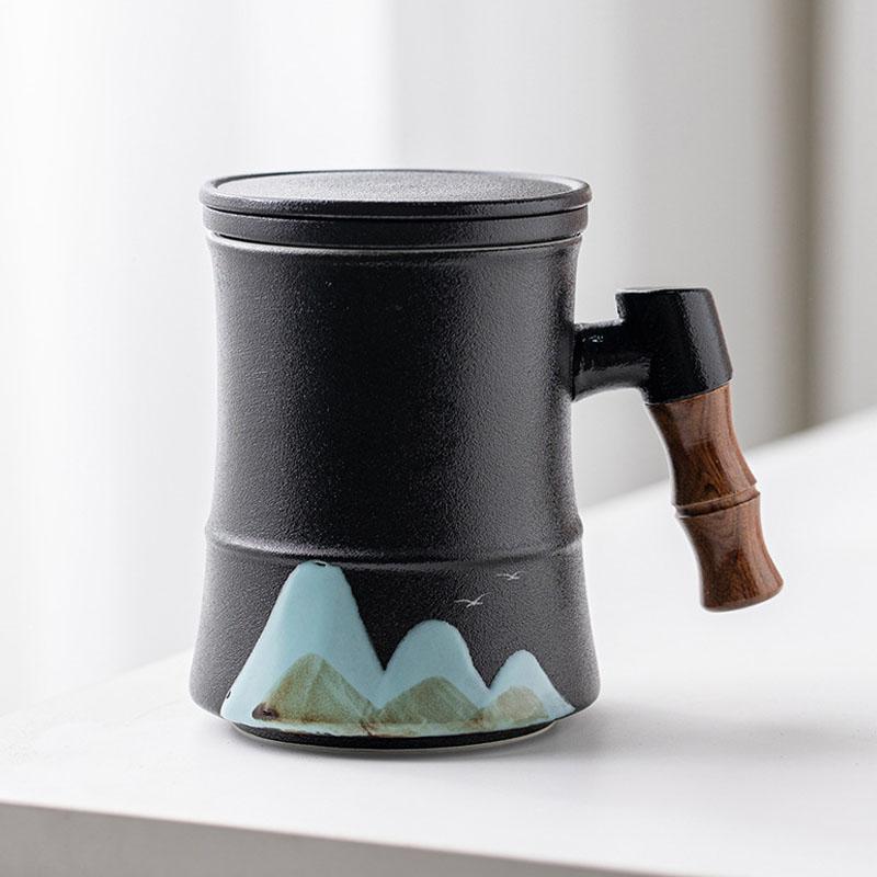 400ml Ceramic Tea Mug with Infuser and Lid for Loose Leaf Tea Steeper Mug with Wood Handle Mugs Tea Lovers Gifts