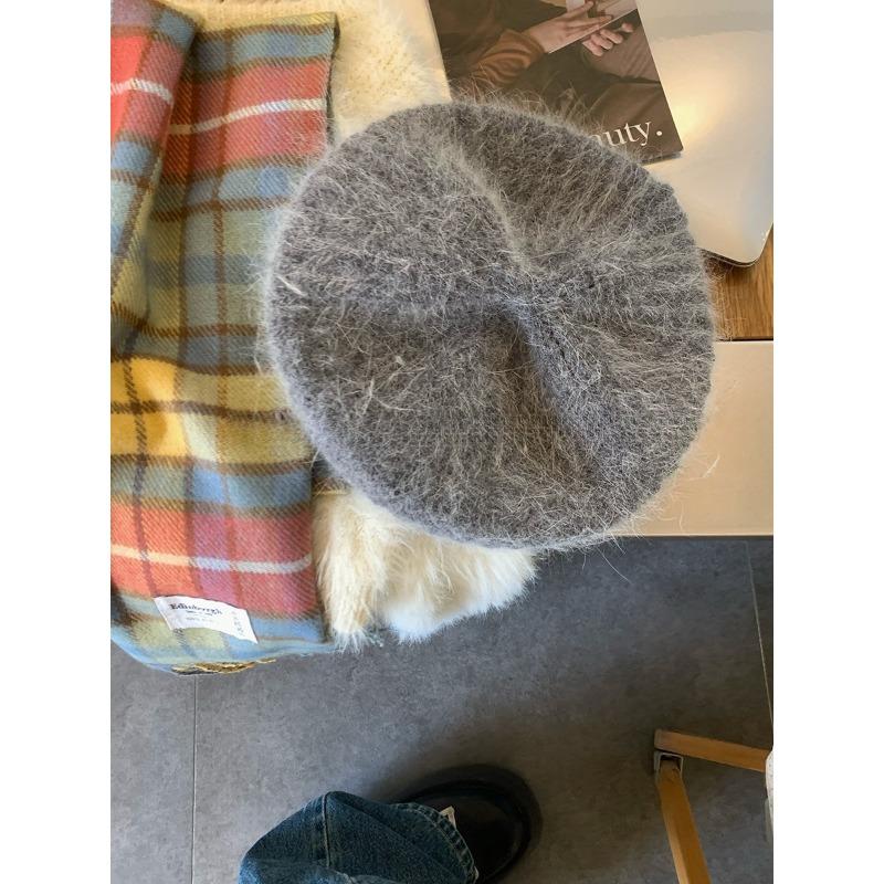 Rabbit Fur Beret Women's Autumn and Winter Knitted Plush Large Head Circumference Korean Version Beilei Painter Hat Shows Small Face