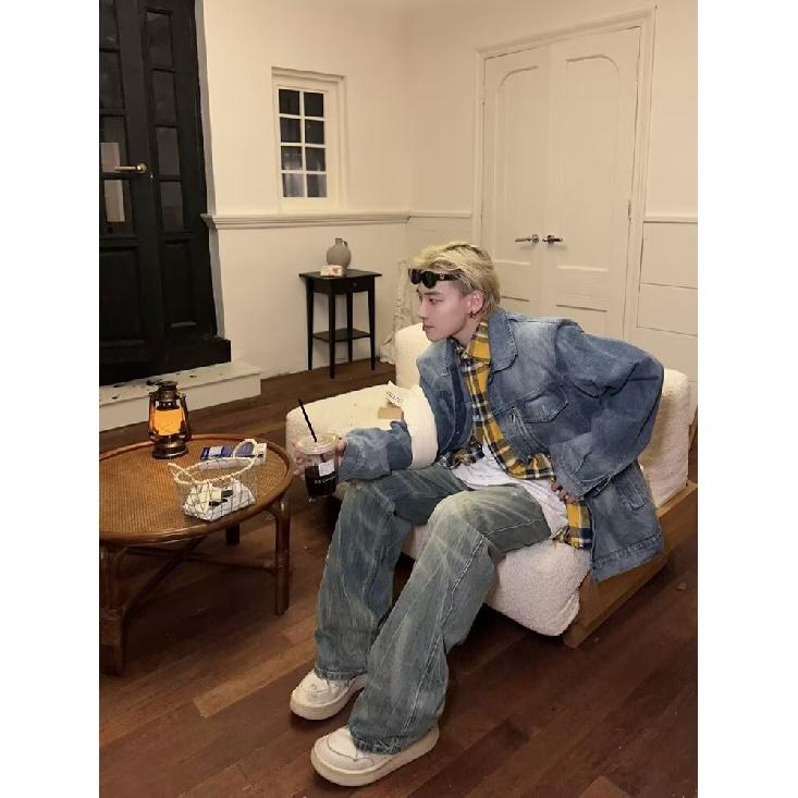 Herbst und Winter Neue amerikanische High Street gewaschene helle Jeans für Männer und Frauen mit geradem Bein, leicht ausgestelltem Bein und weitem Bein