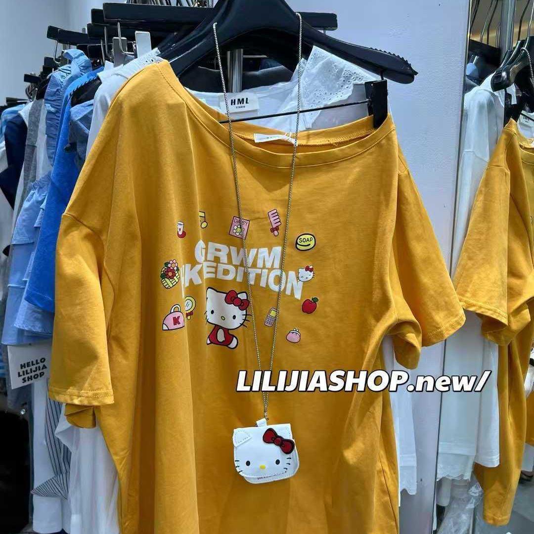 

Plus Size 2025 Summer Cartoon Loose Slimming Off-Shoulder T-shirt for Women 3XL (for 161-180 jin) жовтий