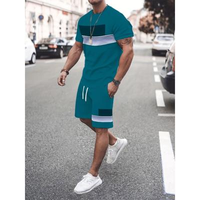 Ensemble T-shirt à Manches Courtes et Short Imprimé 3D Mode Rayé pour Homme - Design Contrasté Élégant, Col Rond Confortable