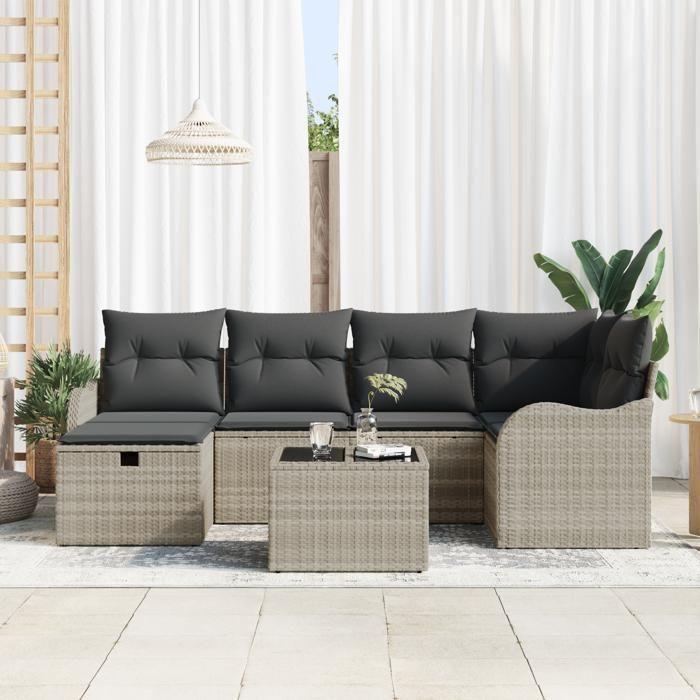 Ensemble de canapé de jardin 7 pièces vidaXL avec coussins Gris clair Poly Rattan, Canapé de jardin 2 places vidaXL 3358991