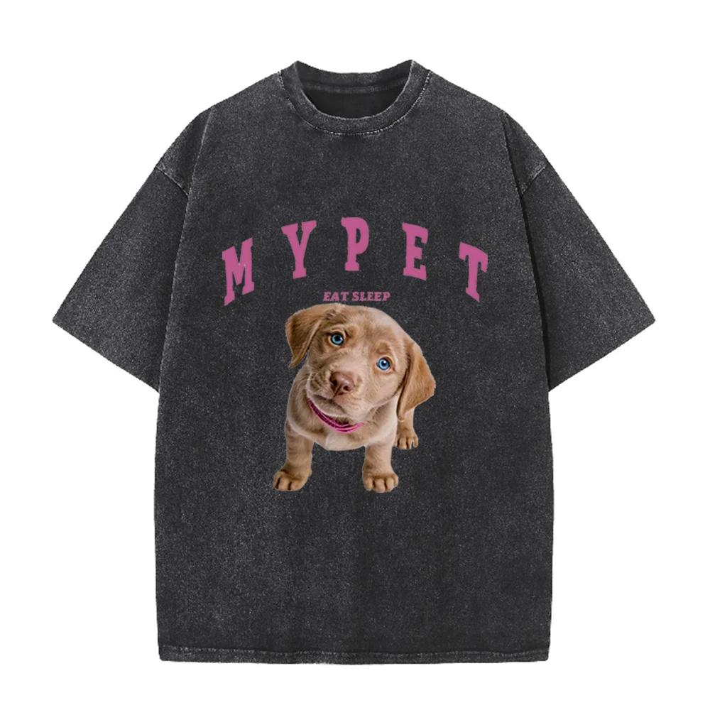 2026 Vintage Washed Black Cute Labrador Puppy My Pet Letter Graphic T Shirt Animal Print Oversized Casual Short Sleeve Tee