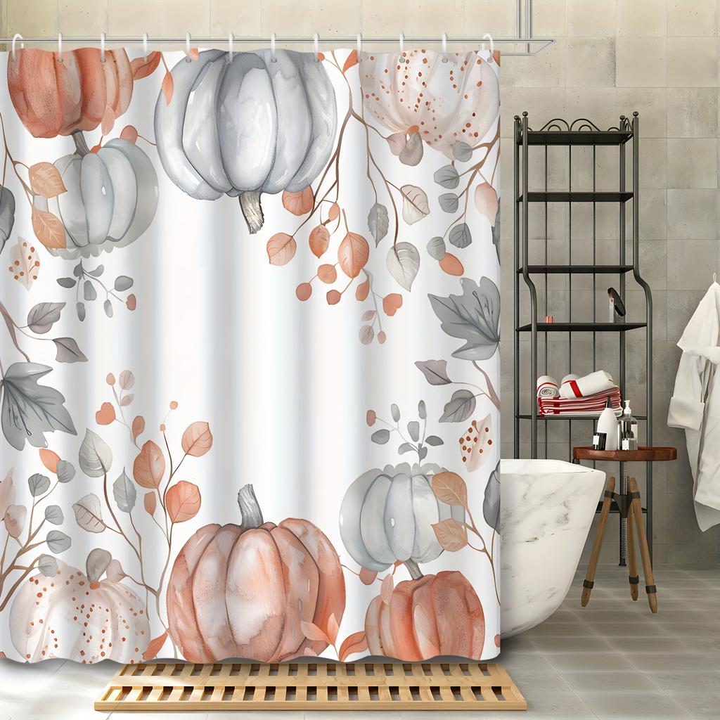 1 Piece Vintage Watercolor Pumpkin and Leaves Thanksgiving Shower Curtain - Polyester Fabric with Hooks for Bathroom Decoration