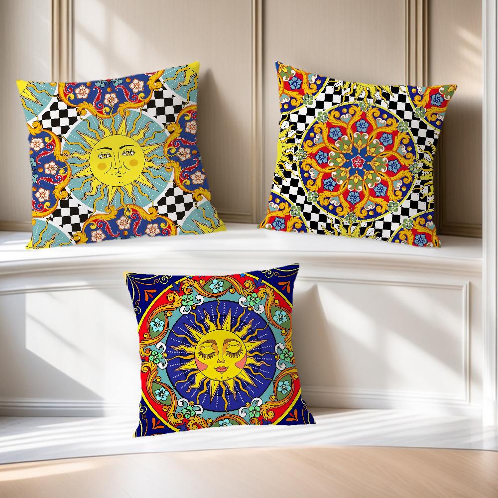 Mode Retro Karomuster Sonne Geometrie Kunst Bequemer weicher Kissenbezug für Sofa Wohnzimmer Heimbüro Deko Schutzhüllen