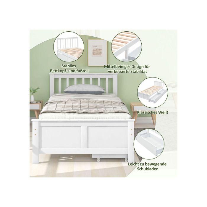 Lit En Bois - MUVOE - 90x200 Cm - Blanc - Avec Tiroirs De Rangement - Style Classique