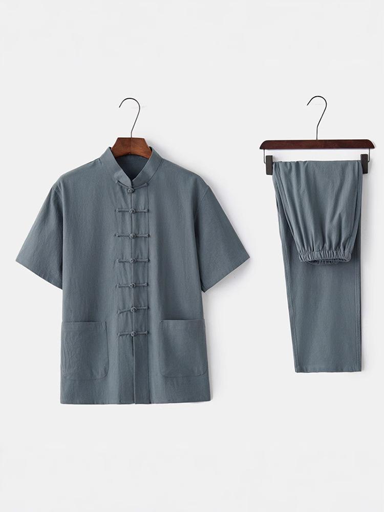 Tang-Anzug aus Baumwolle und Leinen für Herren: Kurzärmlig, Froschverschluss, Chinesischer Stil, Perfekt für Sommer und ältere Männer.