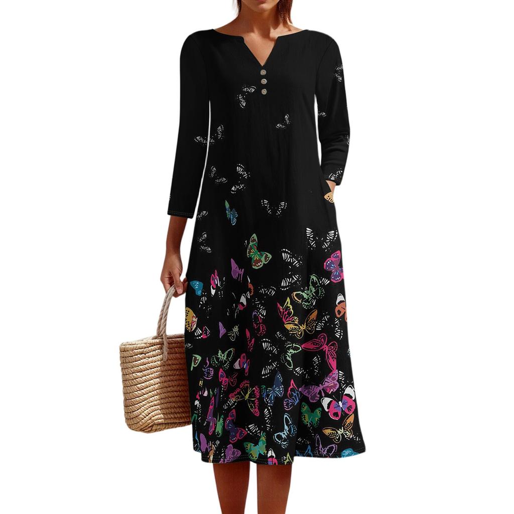 Women's Summer Casual V-Neck Button Vintage Floral Print Three-quarter Sleeve Long Dress With Pockets