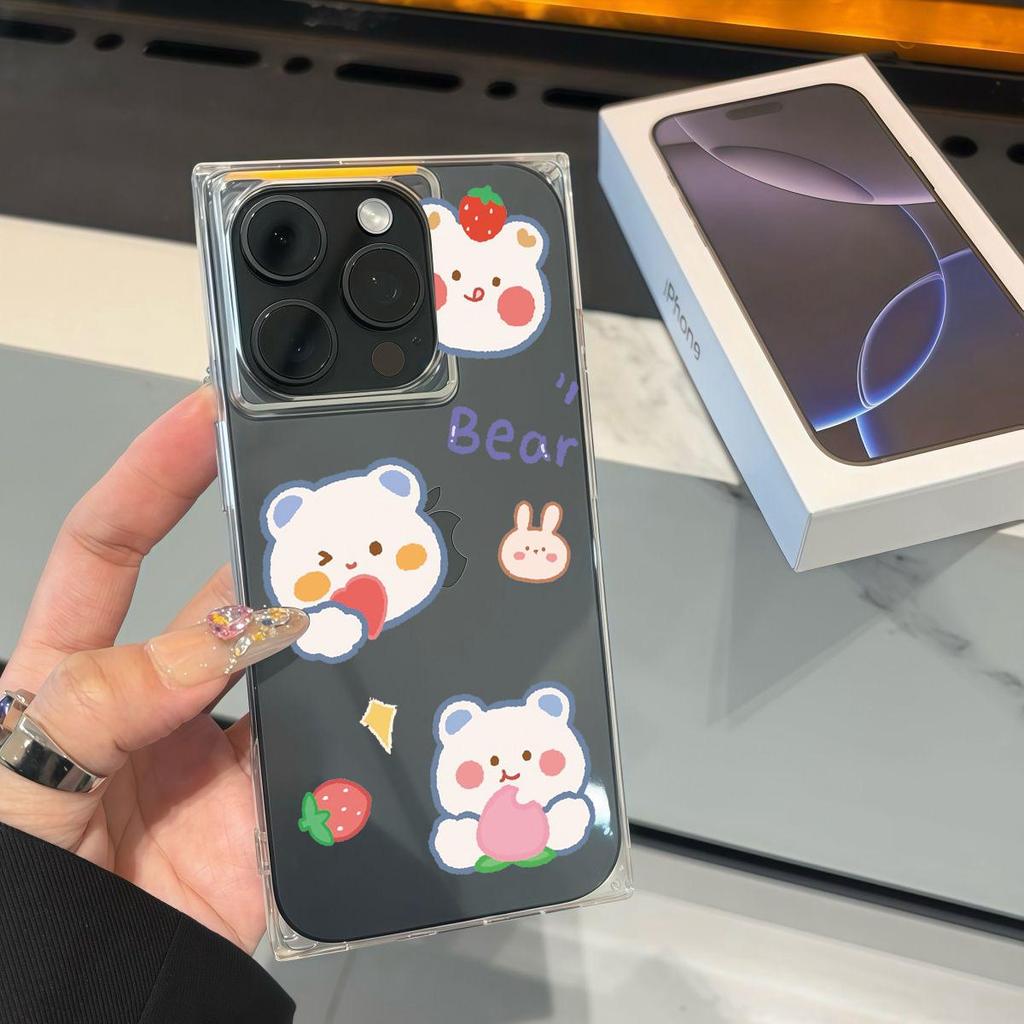 Square Back Tube Protection Clear Case For iPhone 11 14 Pro Max 13 12 16 ProMax 15 Plus Anti-Oxygen,Strawberry Bear Pattern Casing