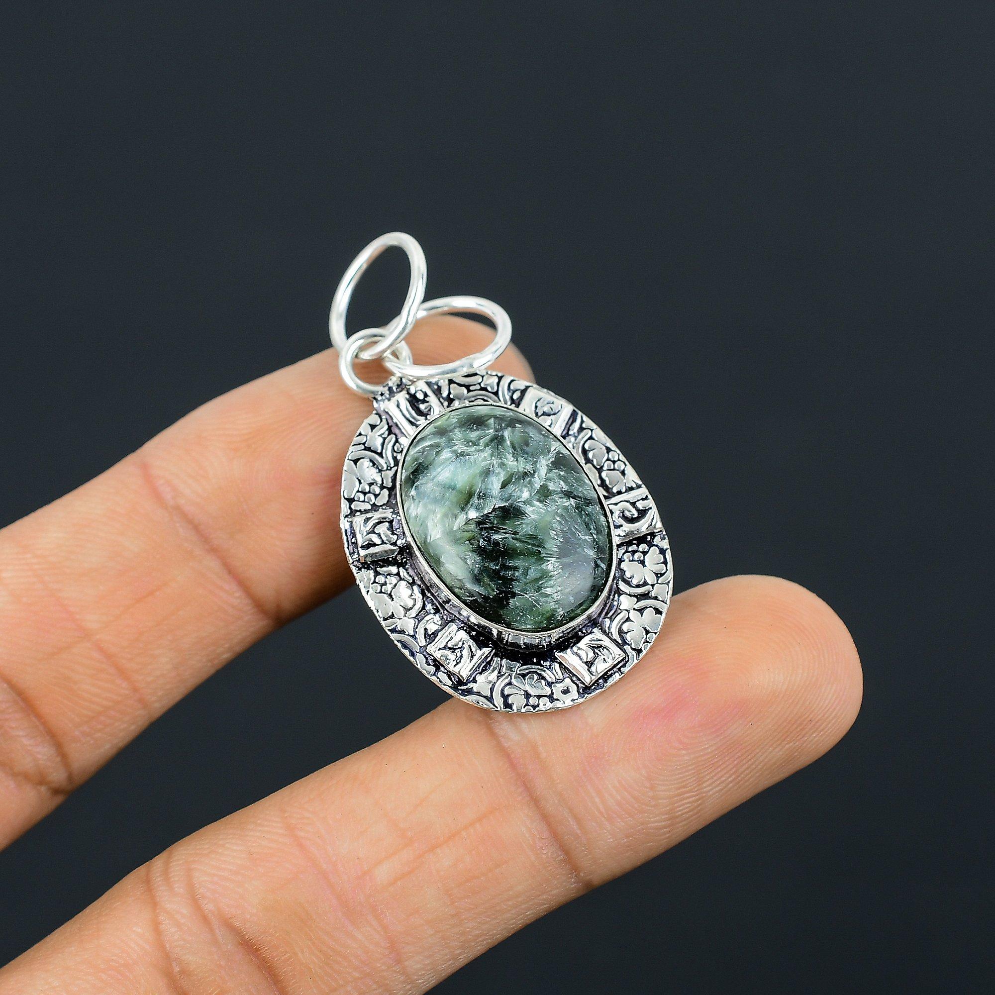 

Распродажа ко Дню матери Овальный натуральный серафинит Подвеска ручной работы Серебро 925 пробы