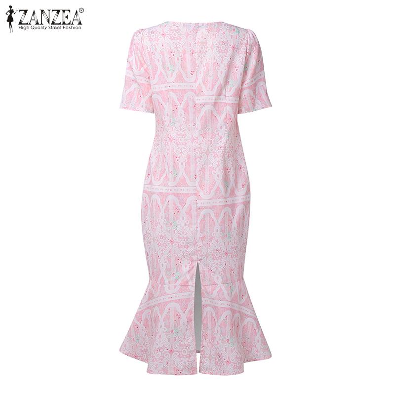 ZANZEA Damen Lässig V-Ausschnitt Kurzarm Print Elegantes Kleid
