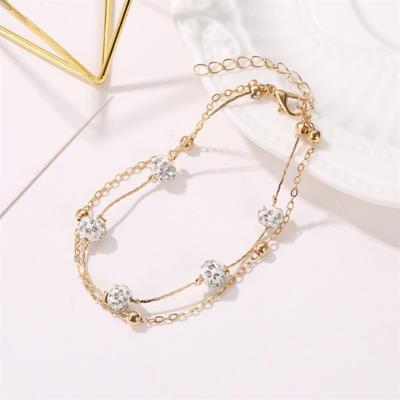 Rhinestone Balls Double Layered Women Anklet Alloy Beads Adjustable Chain Anklet Foot Accessories