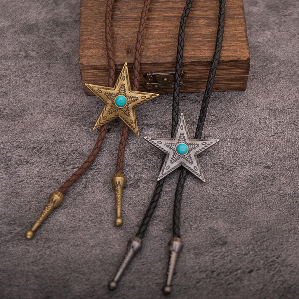 Western Bolo Tie with Unique Metal Star Turquoises Pendant for Stylish Men's Accessory Leather Cord Necktie Necklace