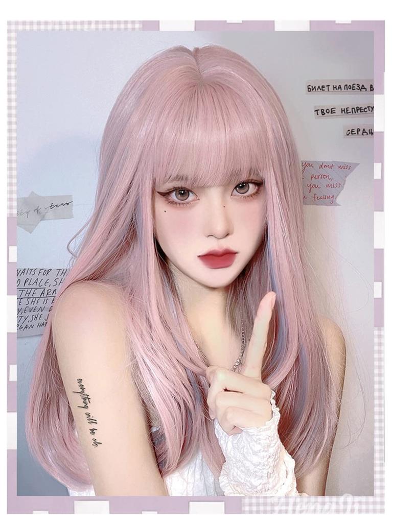 Full Pink X Blue Harajuku Small Face with Net Semi-long Wig, Ladies' Wig, Straight, Natural, Style, Popular, Effect, Cute,