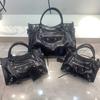 Womens Genuine Leather Crossbody Bag - Oil Wax Cowhide Rivet Detail Cracked Texture Medium Size Street Style