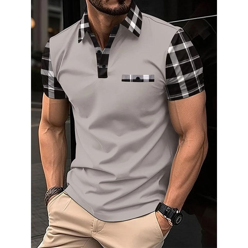 Herren Schwarz Revers Polohemd, Grau Kariert Kragen und Manschette Patchwork Kurzarm Oberteile Sommer Business Casual Tägliche Kleidung T-Shirts