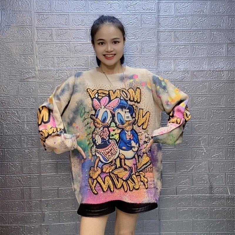 Chic Korean Style Rhinestone Print Round Neck Sweater for Women (2026 Winter Collection)