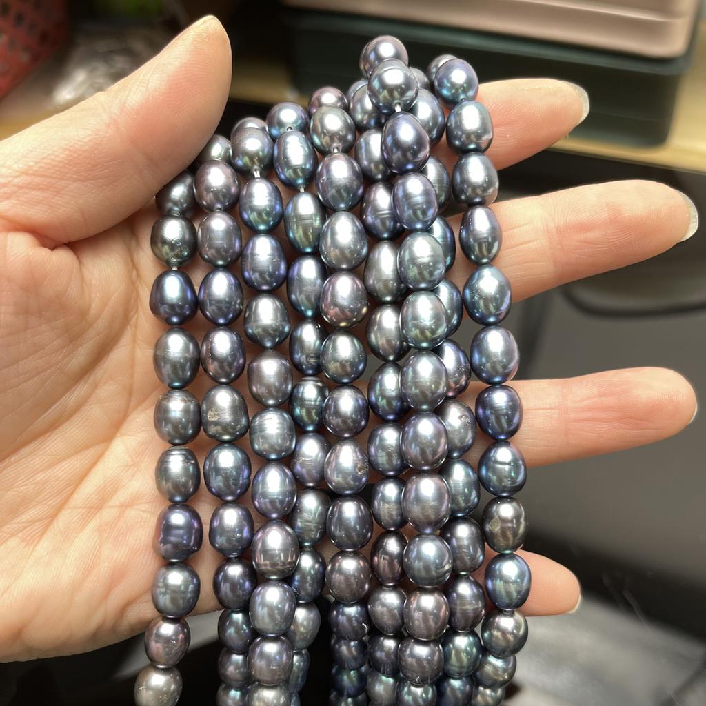 1String, Black Natural Freshwater Pearls, Handmade Rice Pearl Beads for Jewelry Making DIY Necklaces, Bracelets Crafts (Beads 8-9mm, Length 36cm)