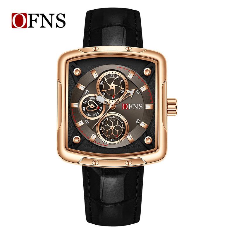 OFNS Brand 1516 Fashion Square Six Needle Quartz Watch 3ATM Waterproof Luminous Head Layer Leather Strap Date Display Cool Men's