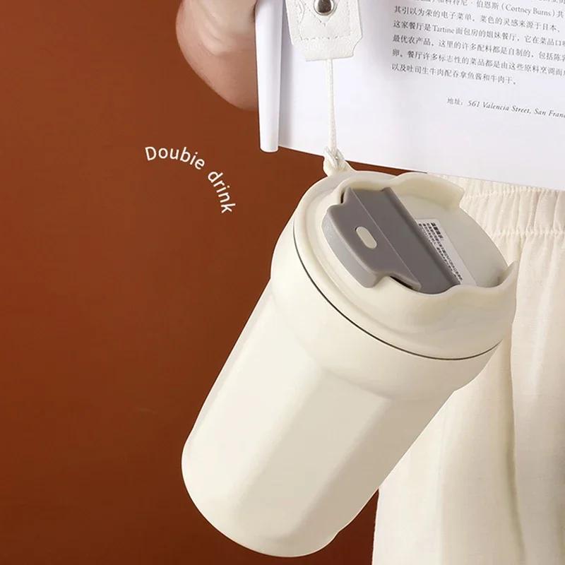 Portable Coffee Cup Double Layer Stainless Steel Thermos Cups with Rope Pure Color Leak-Proof Outdoor Travel Office Water Bottle