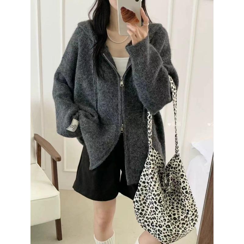 Autumn and Winter New Casual Versatile Hooded Zipper Knitted Cardigan Women's Loose Lazy Wind Thin Sweater Jacket