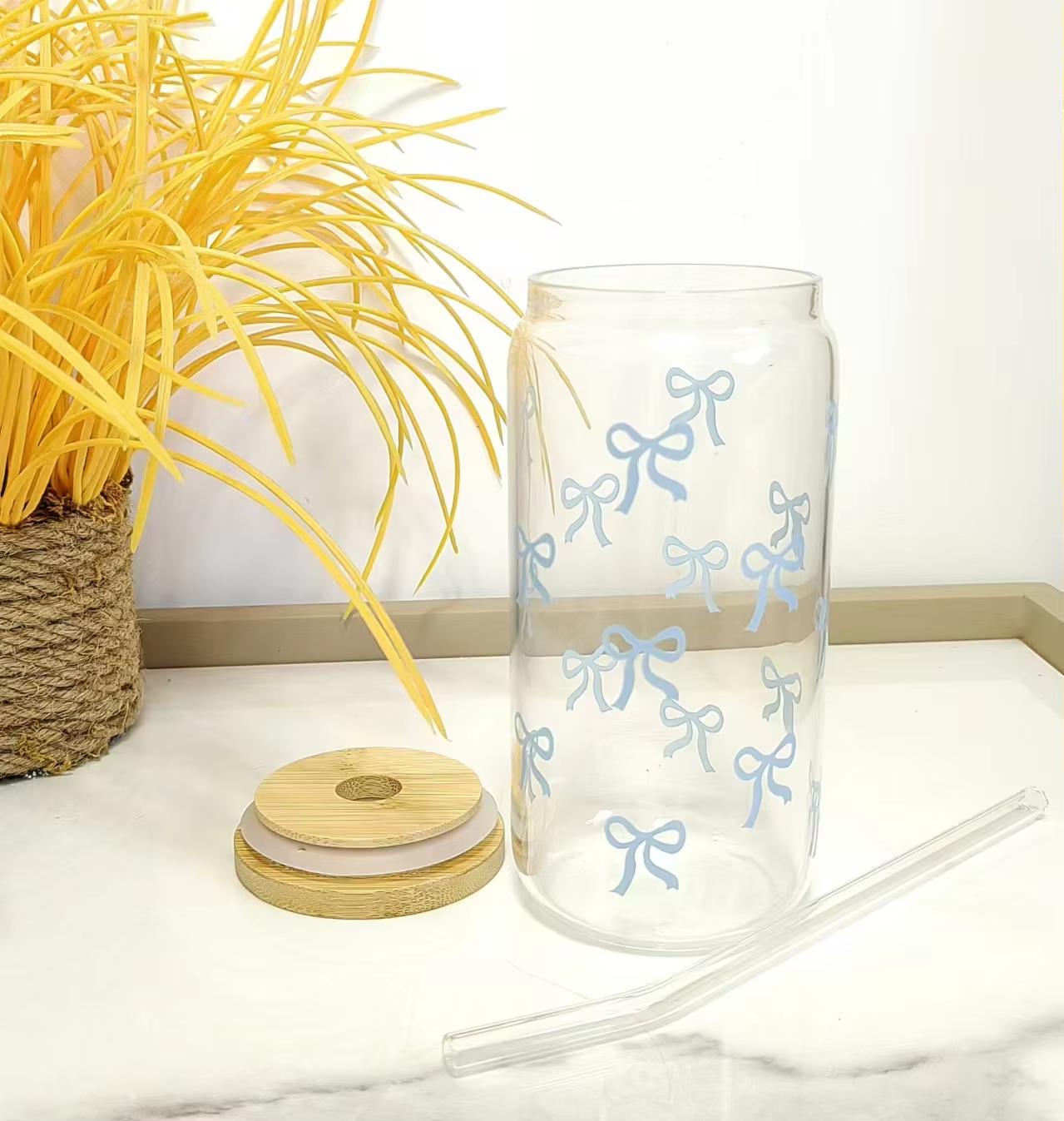 

500ml Pink Bow Print Water Bottle Mason Jar Shaped Water Bottle With Lids Plastic Cup Pink Bowknot Tumbler Cup Coffee Juice Cup