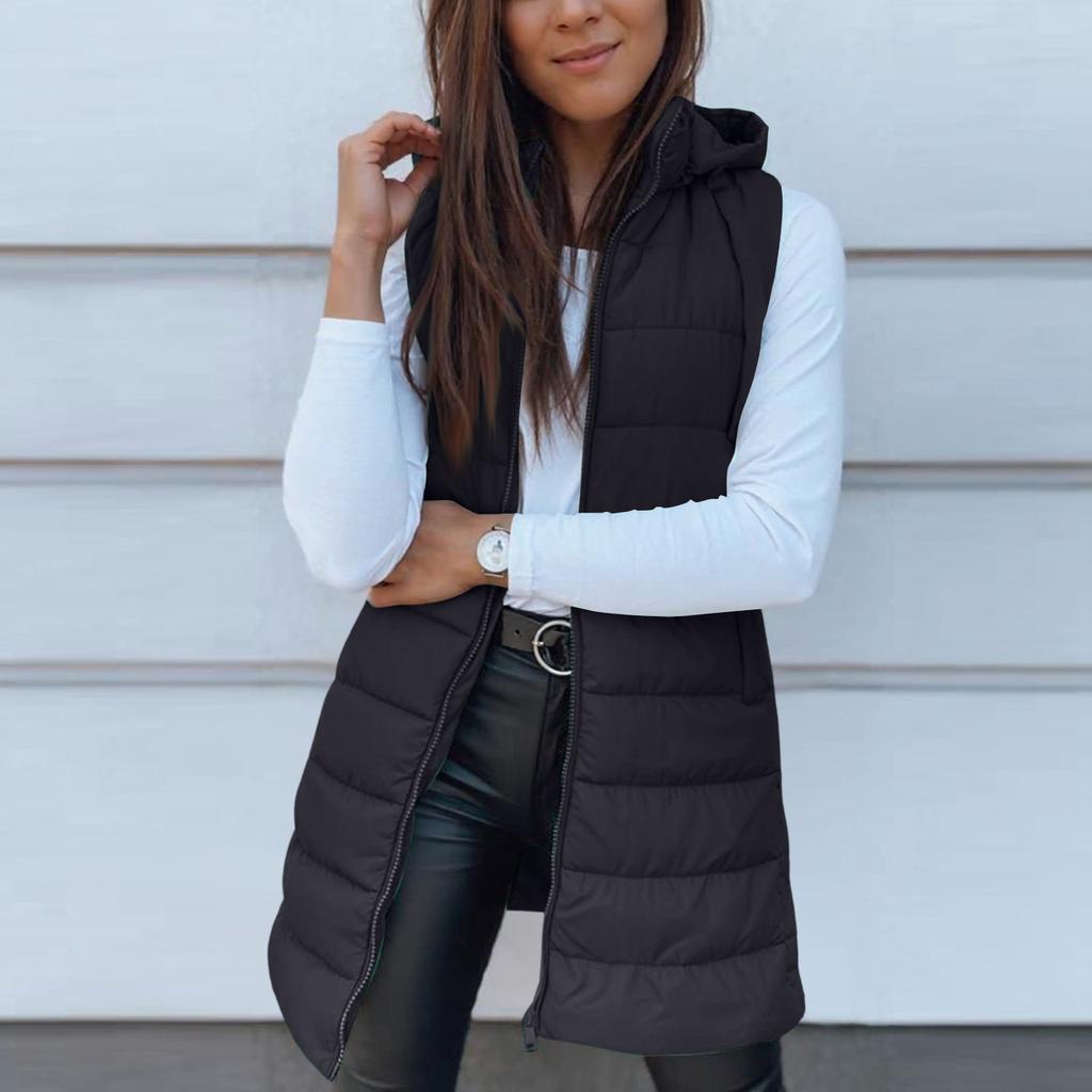 Women's Long Vest Plain Sleeveless Hood Winter Vest Outwear Jacket Lightweight Warm Coat Outerwear