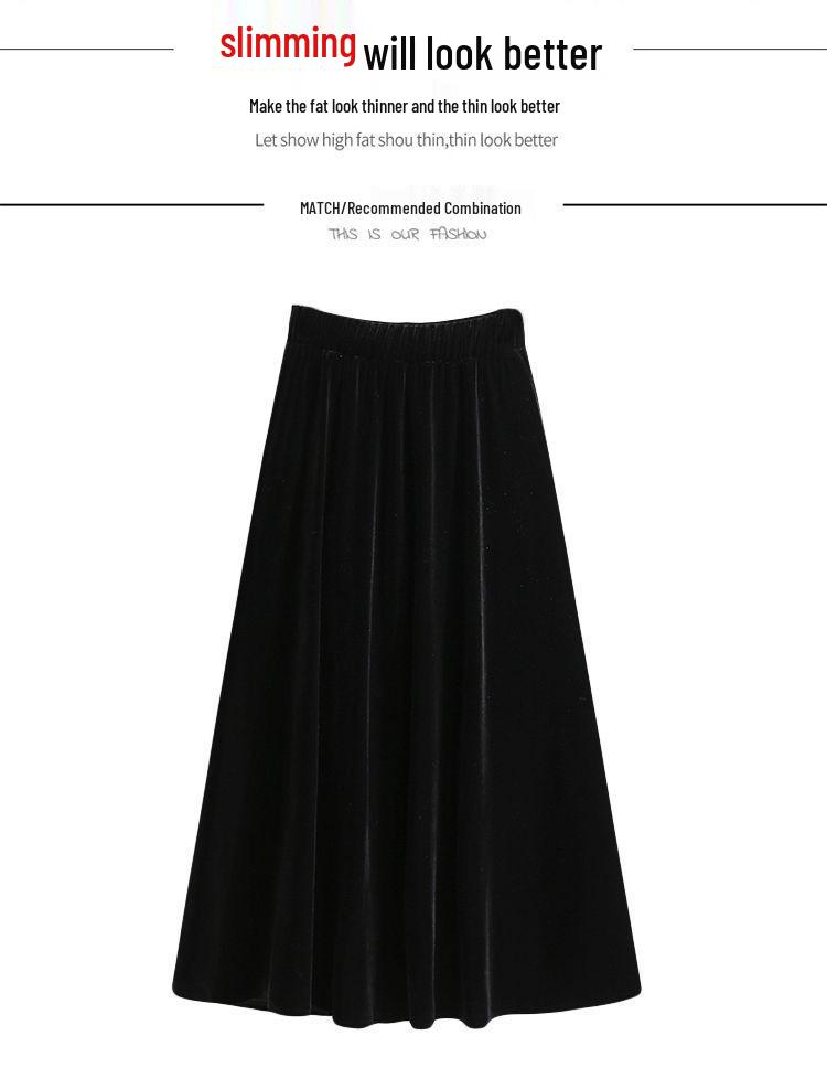 2024 Autumn/Winter Plus Size High-Waisted Gold Velvet A-Line Skirt with Elastic Waist - Slimming Long Skirt for Women