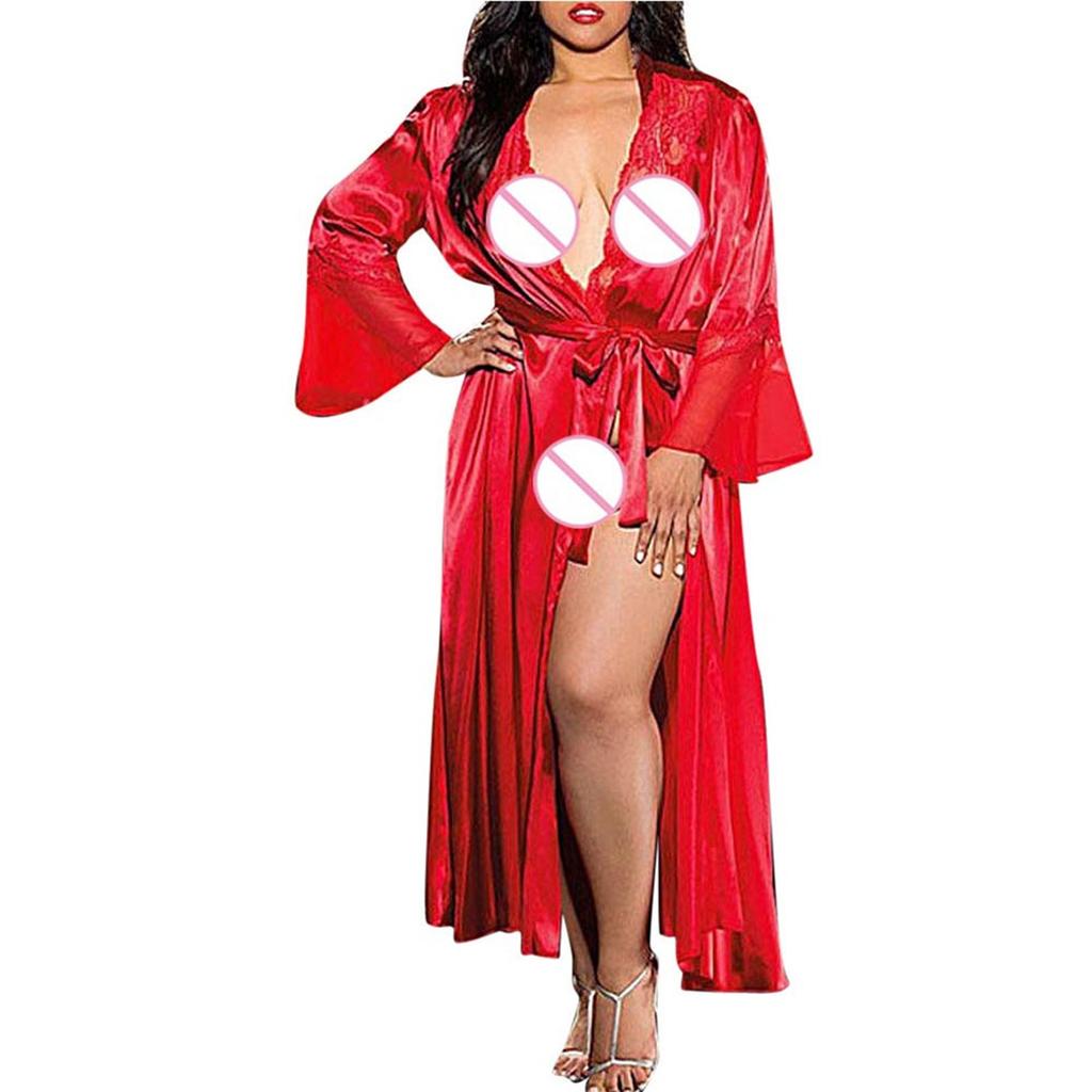 Women's Sexy Lingerie Lace Large Size See-through Long Bathrobe See-through Nightgown