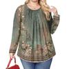 Women's Plus Size Fashion Printed Casual Pleated Round Neck Long Sleeve Top