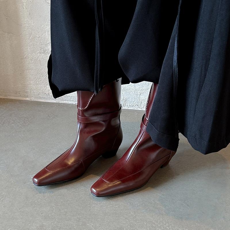 Fashion 2025 Ins New Sheepskin Boots Handmade Square Toe Chunky Mid Heel Autumn Winter Ankle Boots Fashion Office Dress Women's Shoes