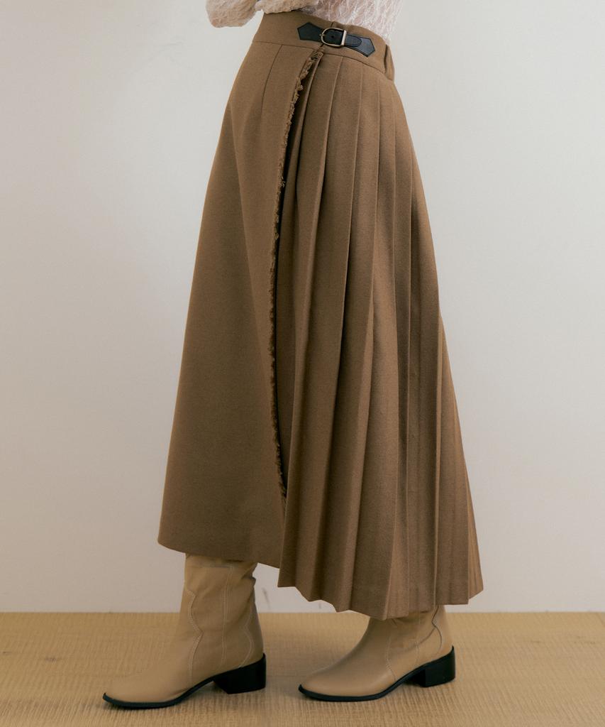 Lucirju Fringe Wool Pleated Skirt (Beige)