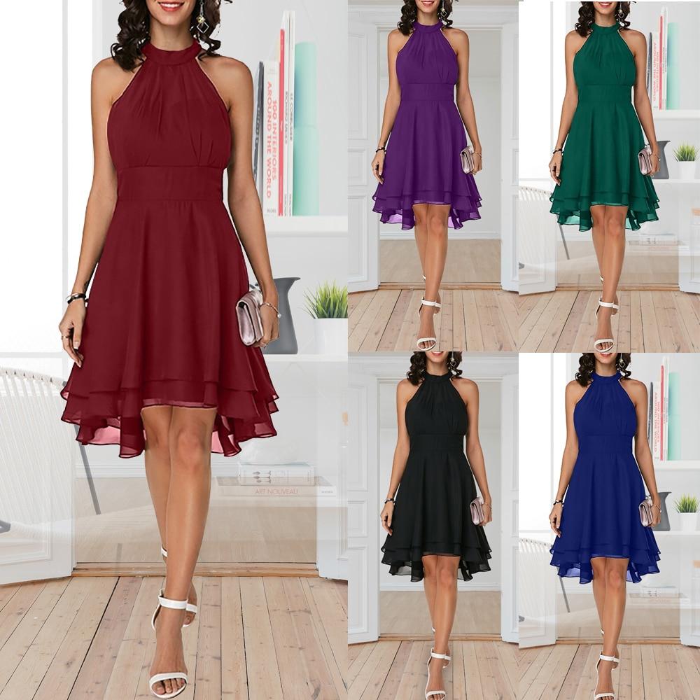 Abito Estivo da Donna in Chiffon Solido Sexy Senza Maniche Corto Halter Abiti da Festa Casual Taglie Forti Girocollo Abiti al Ginocchio