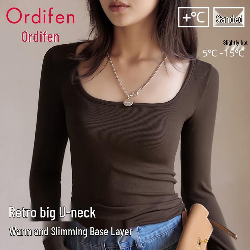 Oudifen Women's Brushed Low U-Neck Long Sleeve Base Layer T-Shirt