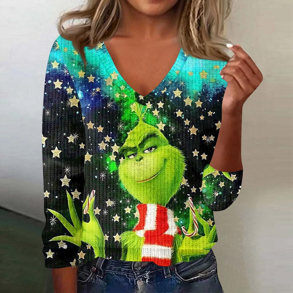 Women's Cute Sweatshirt Knitted Fashion Casual V-neck Long-sleeved  Cozy Print Top