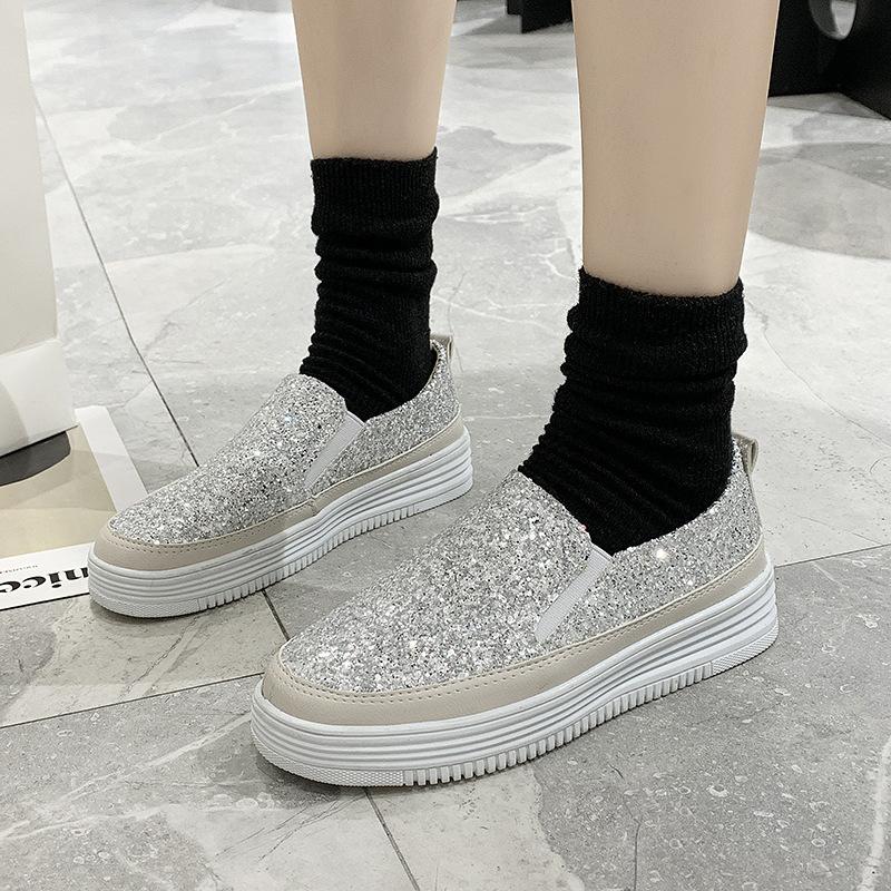 Platform Muffin Sole Women Shoes  Spring New One-Pedal Loafers Fashion Versatile Casual Shoes Trendy Design Sequins Sneakers
