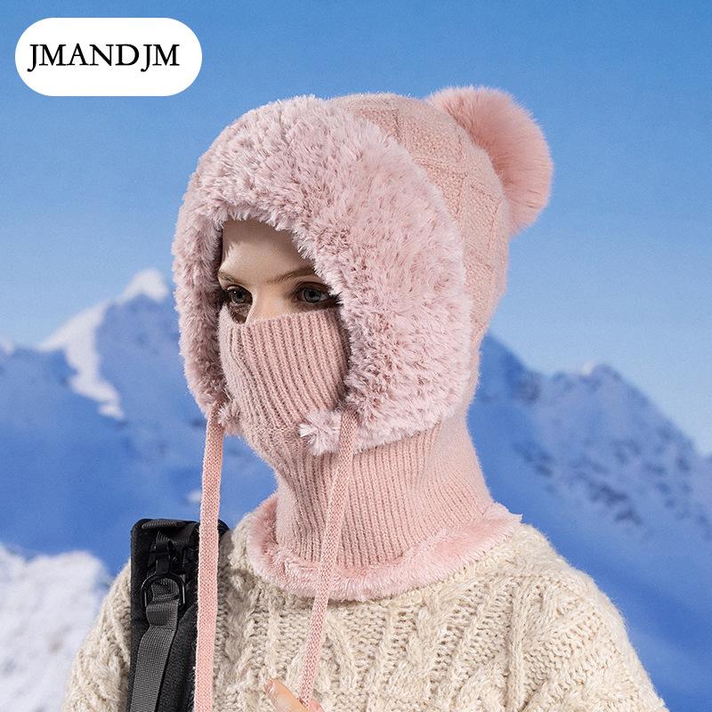 Winter Samt Strickwolle Mütze Damen Ohrenschutz Mütze Maske Schal integrierte thermische Überzieh-Mütze