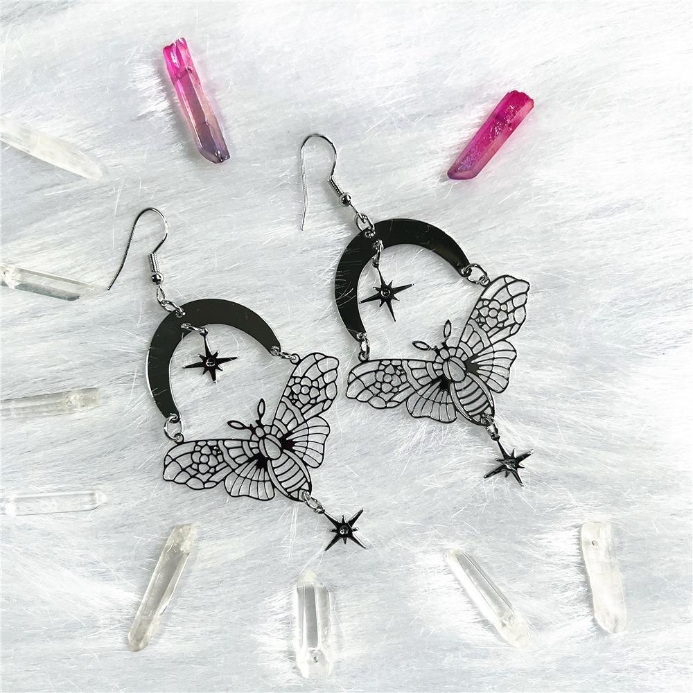 Exaggerate Retro Gold Color Stars Moon Hollowed-out Moth Pendant Stainless Steel Dangle Earrings for Women Charms Jewelry Gifts