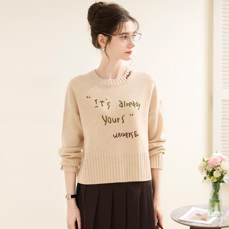 TUHUANG Women's Pure Wool Letter Embroidered Round Neck Sweater