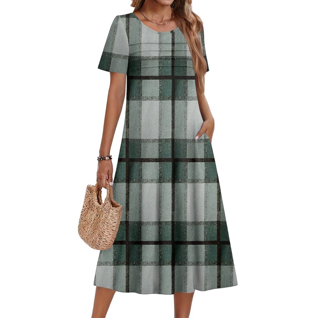Ladies' Plaid Printed Casual And Fashionable Short Sleeved Round Neck Dress