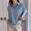 New Arrivals Open Run Semi Sheer Blouse With Gold Buttons And Pin Tucks 3 4 Slee