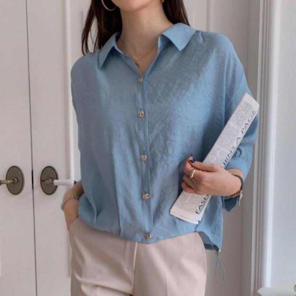 New Arrivals Open Run Semi Sheer Blouse With Gold Buttons And Pin Tucks 3 4 Slee