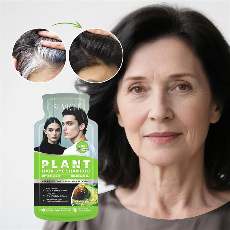 SEVICH 30ml×10 Stück Haarfärbeshampoo zur Grauhaarabdeckung, Pflanzenbasiertes Haarfärbeshampoo, Schnellfärbendes Shampoo in Sachets, Naturschwarz