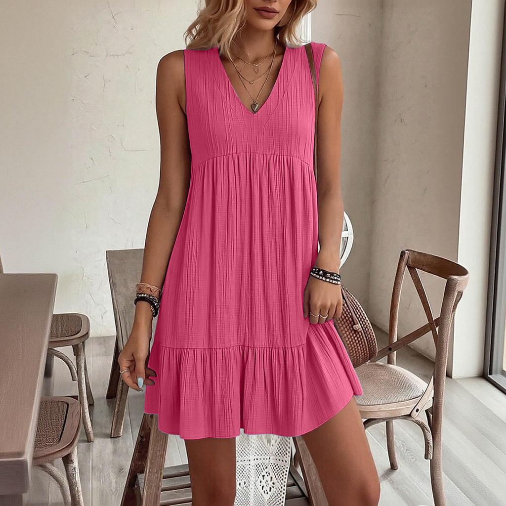 Women V Neck Loose Fit Sleeveless Dress with Pleated Texture and Casual Relaxed for Summer Wear