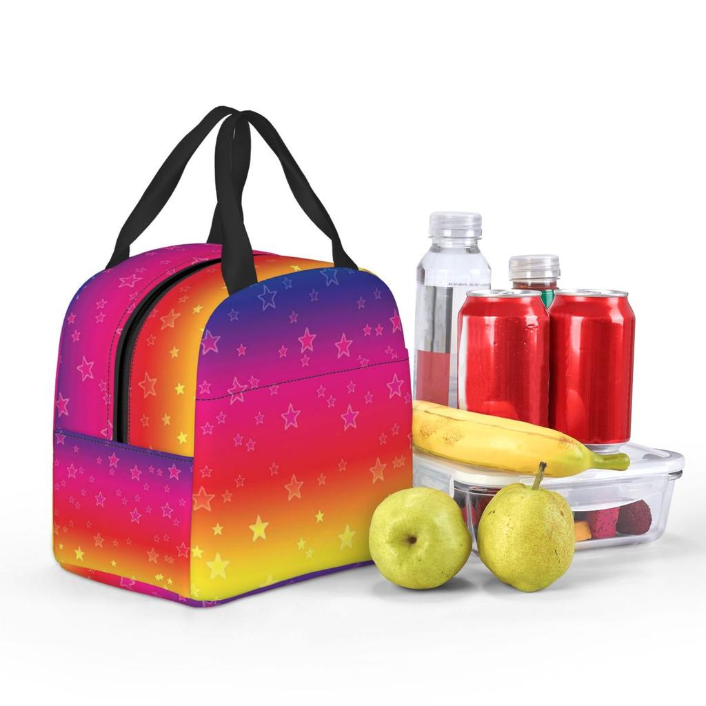 Rainbow Stripe Background And Stars Insulated Lunch Bag for Women Children Portable Food Boxes Thermal Lunch Box Tote